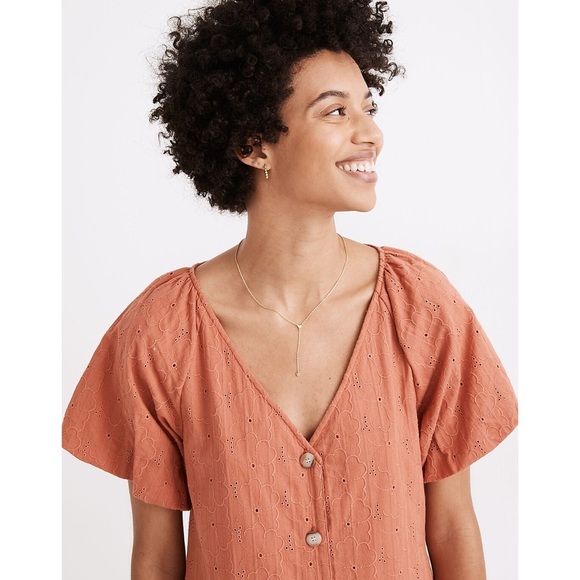 MADEWELL Embroidered Eyelet Bubble-Sleeve Button-Front Midi Dress - Picture 3 of 12